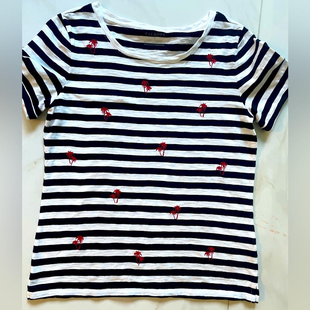 Talbots Striped Black and White Tee with Red Embroidered Palm Trees